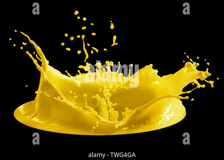 yellow paint splash isolated on black background Stock Photo