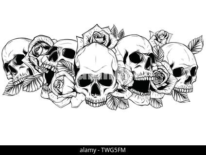 Skull with centifolia roses tattoo by hand drawing.Tattoo art highly detailed in japanese line art style. Stock Vector