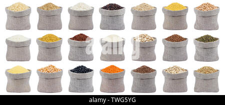 Different cereal, grain and flake in burlap bag isolated on white background with clipping path Stock Photo