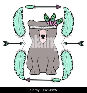 bear grizzly with feathers hat and arrows frame vector illustration design Stock Vector