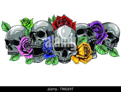 Skull with centifolia roses tattoo by hand drawing.Tattoo art highly detailed in japanese line art style. Stock Vector