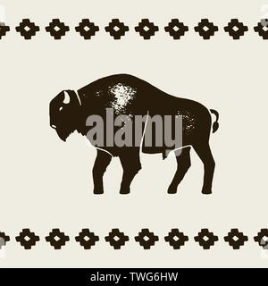 Bison Silhouette Icon. Vector Hand draw bison Symbol of America In Retro style with Grunge Texture on a Light background. Template for logo steak hous Stock Vector