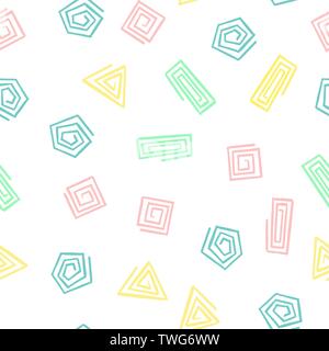 Hand Draw Geometric Shapes Spiral Seamless Pattern. Vector Endless Background of Triangles, Squares, Circles in Pastel Colors baby Pink, Mint, Yellow, Stock Vector