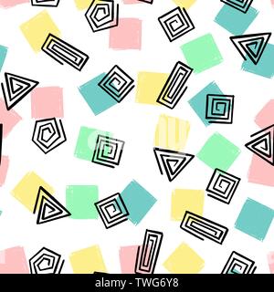 Hand Draw Geometric Shapes Spiral Seamless Pattern. Vector Endless Background of Triangles, Squares, Circles in Pastel Colors baby Pink, Mint, Yellow, Stock Vector