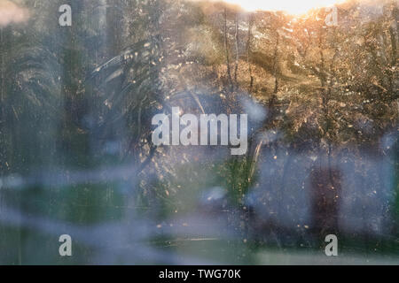 dirty glass windows with frost in the daytime Stock Photo