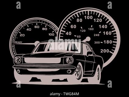 Retro muscle car illustration. Vintage poster of reto car. Old mobile isolated on white. Stock Photo