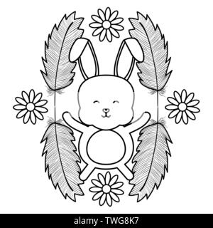 cute little rabbit with flowers and feathers frame vector illustration design Stock Vector