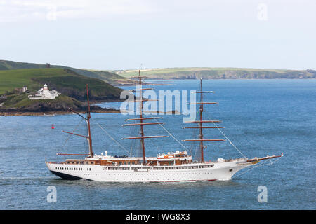 Cork Harbour, Cork, Ireland. 20th June, 2019. Sail cruise ship Sea Cloud II leaves Cork Harbour bound for Dublin after a short visit to Ringaskiddy, Co. Cork, Ireland. With an oveall lenght of 105 meters she has 23 sails and can accommodate 96 passengers. Credit: David Creedon/Alamy Live News Stock Photo