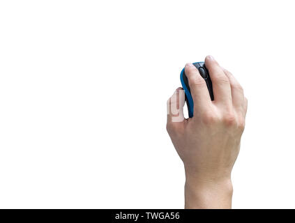 Male hand holding click mouse on white background Stock Photo