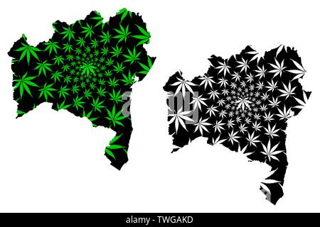 Bahia (Region of Brazil, Federated state, Federative Republic of Brazil) map is designed cannabis leaf green and black, Bahia map made of marijuana (m Stock Vector