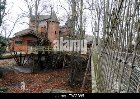 The Treehouse with a restaurant surrounded by its high roped walkways in the grounds of Alnwick castle at Alnwick in Northumberland, Britain. Stock Photo