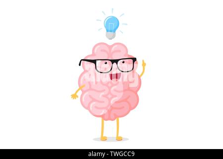 Cartoon smart human brain character with glasses and light bulb lamp idea concept. Central nervous system organ inspiration funny flat vector Stock Vector
