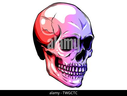 Dotted colorful halftone skull icon drawn with rainbow color variations with horizontal gradient on a black background. Stock Vector