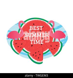 BEST SUMMER TIME. Watermelon round with blue pool shape and flamingo. Vector illustration on white Stock Vector
