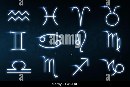 set of zodiac signs over night sky background Stock Photo