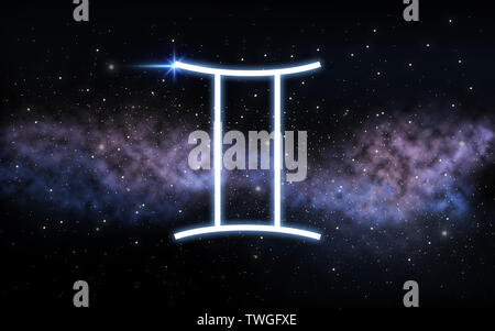 gemini zodiac sign over night sky and galaxy Stock Photo