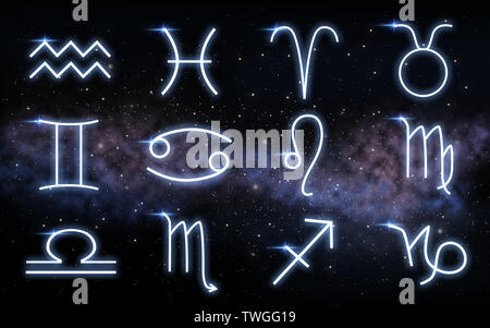 set of zodiac signs over night sky and galaxy Stock Photo