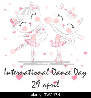 International Dance Day. April 29. Design template or greeting card. A pair of cute white ballerina cats in pink ballet tutu and pointe Stock Vector