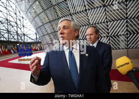 (190620) -- BRUSSELS, June 20, 2019 (Xinhua) -- President of the European Parliament Antonio Tajani arrives for the EU summer summit in Brussels, Belgium, June 20, 2019. (Xinhua/Zhang Cheng) Stock Photo