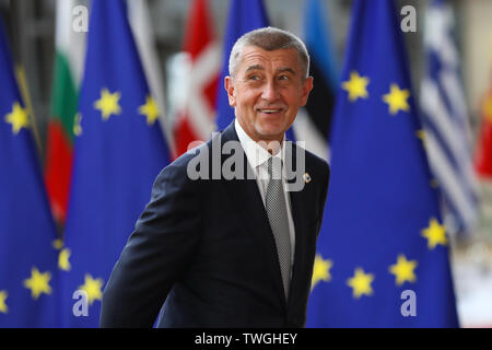 Brussels, Belgium. 20th June, 2019. Czech Prime Minister Andrej Babis arrives for the EU summer summit in Brussels, Belgium, June 20, 2019. Credit: Zhang Cheng/Xinhua/Alamy Live News Stock Photo