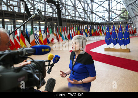 (190620) -- BRUSSELS, June 20, 2019 (Xinhua) -- British Prime Minister Theresa May receives an interview as she arrives for the EU summer summit in Brussels, Belgium, June 20, 2019. (Xinhua/Zhang Cheng) Stock Photo