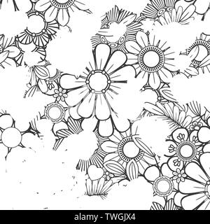 Valentines day seamless pattern with hearts and flowers. Coloring page for adult coloring book. Hand drawn vector illustration isolated on white background. Stock Vector