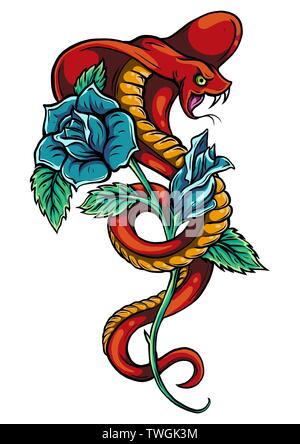 Tattoo with rose and snake. Traditional black dot style ink. Roses Isolated vector illustration. Traditional Tattoo Old School Tattooing Style Ink Stock Vector