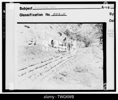 RETAINING WALL CONSTRUCTION BY WPA. ZION NP NO. 002.11 - Zion-Mount Carmel Highway, Springdale, Washington County, UT; MacDonald, Thomas H; Civilian Conservation Corps; State of Utah Road Commission; Nevada Contracting Co; Reynolds-Ely Construction Co; Raleigh-Lang Construction Co; Bureau of Public Roads; Davis, F LeRoy; P and H Shovel; Cement Gun Construction Company; Bundy, Ora; Cedar Construction Company; Works Progress Administration; Public Works Administration; Jurale, James, historian; Fraser, Clayton B, photographer; Anderson, Michael F, historian; Grogan, Brian C, photographer Stock Photo