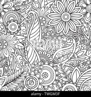 Hand drawn seamless pattern with leaves and flowers. Doodles floral ornament. Black and white decorative elements. Perfect for wallpaper, adult coloring books, web page background, surface textures. Stock Vector