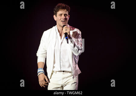 June 19, 2019 - Toronto, Ontario, Canada - American boy band New Kids on the Block (also initialized as NKOTB), performed a sold out show at the Scotiabank Arena in Toronto. In picture: JONATHAN KNIGHT,.JORDAN KNIGHT,.JOEY MCINTYRE,.DONNIE WAHLBERG and DANNY WOOD (Credit Image: © Angel Marchini/ZUMA Wire) Stock Photo