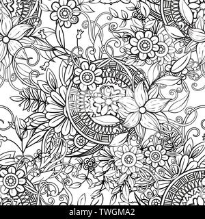 Floral seamless pattern in black and white. Adult coloring book page with flowers and mandalas. Hand drawn vector illustration. Doodles background Stock Vector