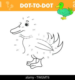 Numbers game for children, dot to dot education game. Connect The Dots and Draw Cute Cartoon Duck. Educational Game for Kids. Vector Illustration. Stock Vector