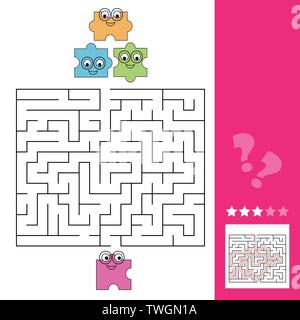 Help the puzzle piece to find the way to the puzzle, maze game for kids, answer included Stock Vector