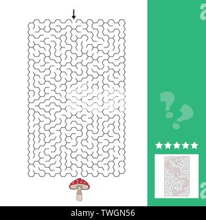 Abstract maze. Find the right path to the cute fly agaric mushroom. Game for kids. Puzzle for children. Labyrinth conundrum, answer included Stock Vector