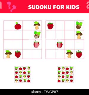 Sudoku game for children with pictures. Kids activity sheet. Cartoon style. Puzzle game for children and toddler. Logical thinking training. Stock Vector