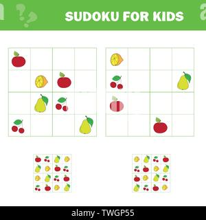 Sudoku game for children with pictures. Kids activity sheet. Cartoon fruits. Puzzle game for children and toddler. Logical thinking training. Stock Vector