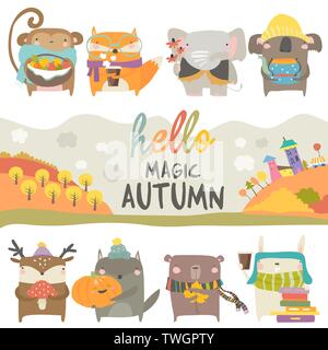 Set of cute animals with autumn theme on white background Stock Vector