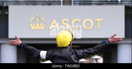 Ascot Racecourse, Ascot, UK. 20th June, 2019. Royal Ascot Horse Racing; Race 4, Gold Cup; Frankie Dettori celebrates after winning the Gold Cup Credit: Action Plus Sports/Alamy Live News Stock Photo