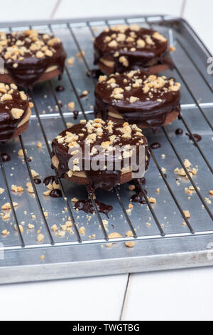 Homemade Chocolate coated peanut butter shortbread bicuits. Round chocolate shortbread biscuits with peanut butter cream in the middle Stock Photo