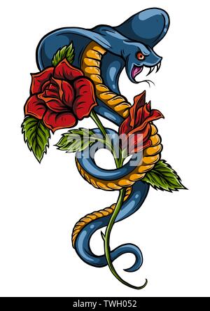 Tattoo with rose and snake. Traditional black dot style ink. Roses Isolated vector illustration. Traditional Tattoo Old School Tattooing Style Ink Stock Vector