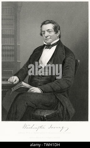 Washington Irving (1783-1859), American Writer and Diplomat, Seated Portrait, Steel Engraving, Portrait Gallery of Eminent Men and Women of Europe and America by Evert A. Duyckinck, Published by Henry J. Johnson, Johnson, Wilson & Company, New York, 1873 Stock Photo