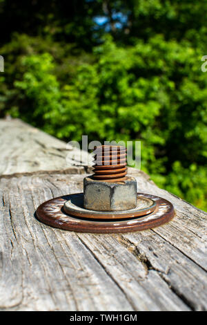 rusted bolt and washer on a wooden bridge in starved rock state park, Illinois. Stock Photo