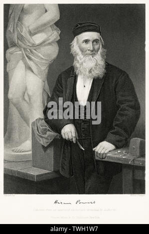 Hiram Powers (1805-73), American Neoclassical Sculptor, Seated Portrait, Three-Quarter Length Portrait, Steel Engraving, Portrait Gallery of Eminent Men and Women of Europe and America by Evert A. Duyckinck, Published by Henry J. Johnson, Johnson, Wilson & Company, New York, 1873 Stock Photo
