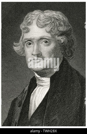 Thomas Jefferson (1743-1826), Third President of the United States, Head and Shoulders Portrait, Steel Engraving, Portrait Gallery of Eminent Men and Women of Europe and America by Evert A. Duyckinck, Published by Henry J. Johnson, Johnson, Wilson & Company, New York, 1873 Stock Photo