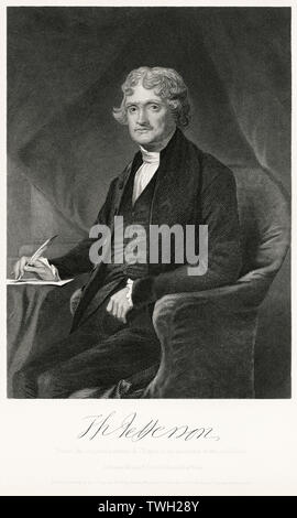 Thomas Jefferson (1743-1826), Third President of the United States, Seated Portrait, Steel Engraving, Portrait Gallery of Eminent Men and Women of Europe and America by Evert A. Duyckinck, Published by Henry J. Johnson, Johnson, Wilson & Company, New York, 1873 Stock Photo