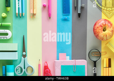 Back to school, concept flat lay background in pastel colors. Stationary items on paper background, text space. Stock Photo