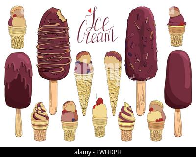 Set of hand drawn ice cream. Collection of isolated vector elements for labels, logos, badges, stickers, icons. Used for bar, cafe, menu, ice cream or Stock Vector