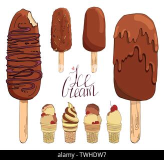Set of hand drawn ice cream. Collection of isolated vector elements for labels, badges, stickers, icons. Used for bar, cafe, menu, ice cream or sweet Stock Vector