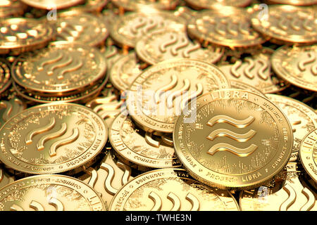 Stack of golden Libra cryptocurrency concept coins in blurry closeup. 3D rendering Stock Photo