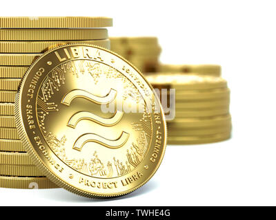 Piles of Libra cryptocurrency with one coin facing towards. Concept coins. 3D rendering Stock Photo